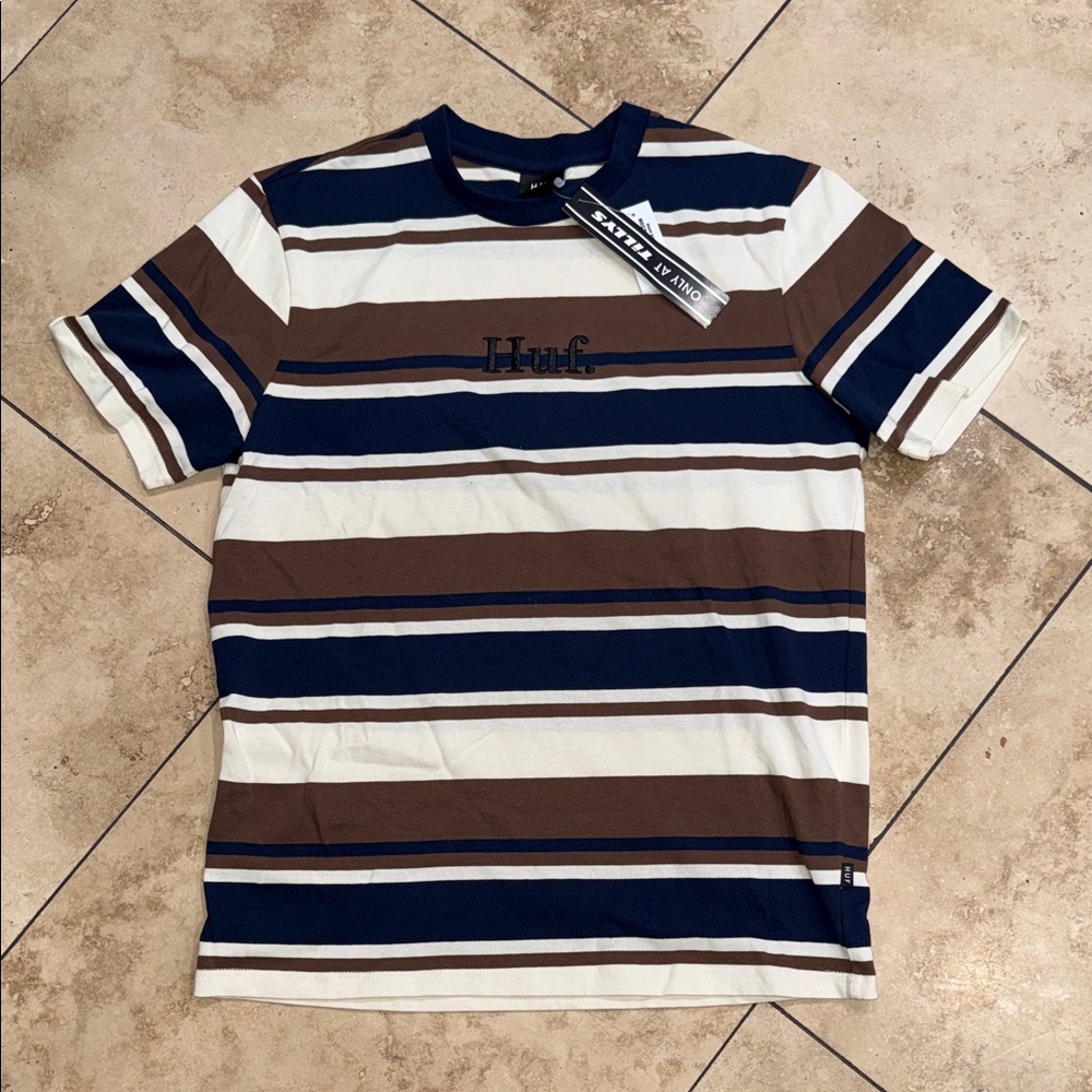 HUF Men's Short Sleeve Striped Tee - Navy, Brown, White
